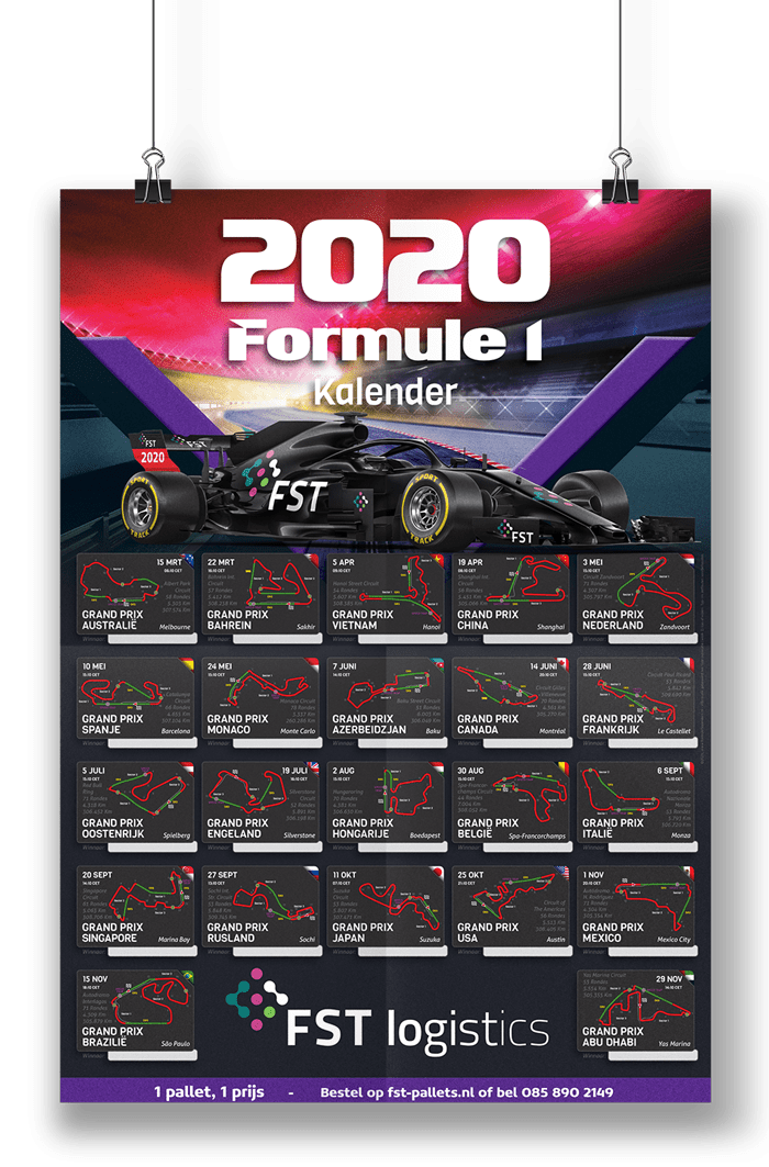 Formule1kalenders Poster F1 kalender met starttijden en circuitinfo