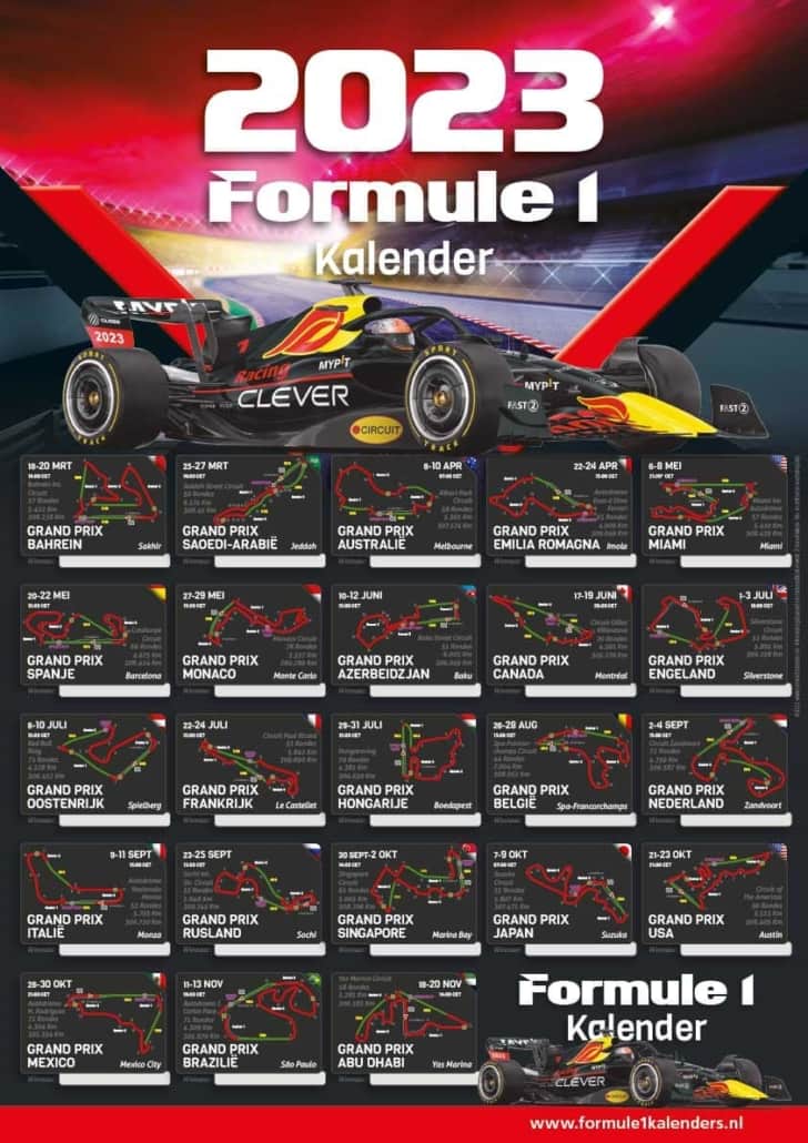 Probleem aankleden bundel Formule1kalenders | Poster F1 kalender met starttijden en circuitinfo