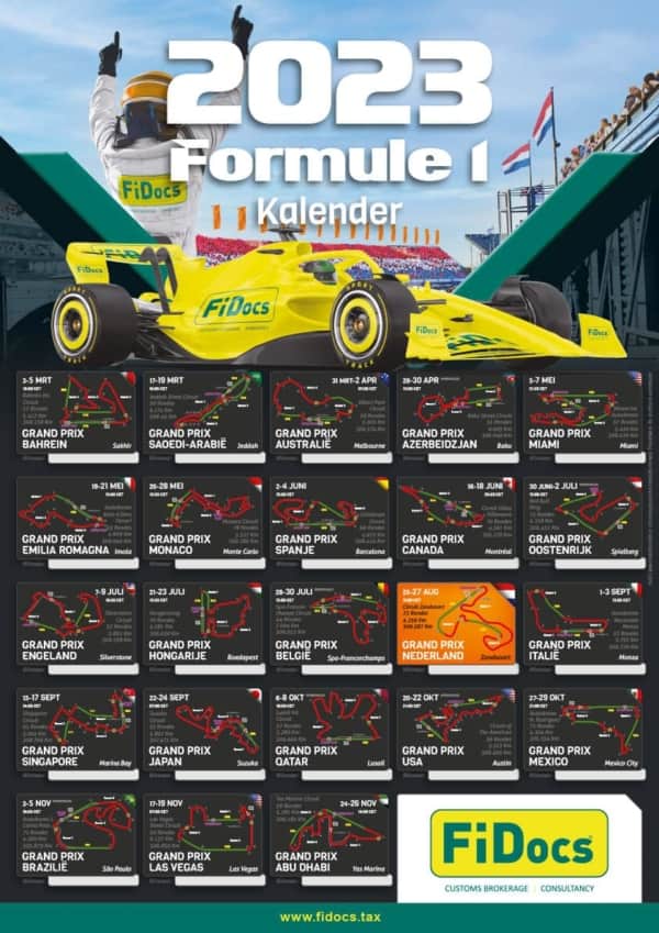 Formule 1 kalender Poster F1 kalender met starttijden, circuitinfo