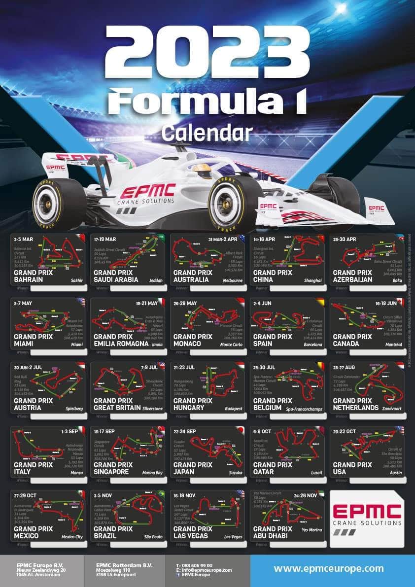 Formule 1 kalender Poster F1 kalender met starttijden, circuitinfo