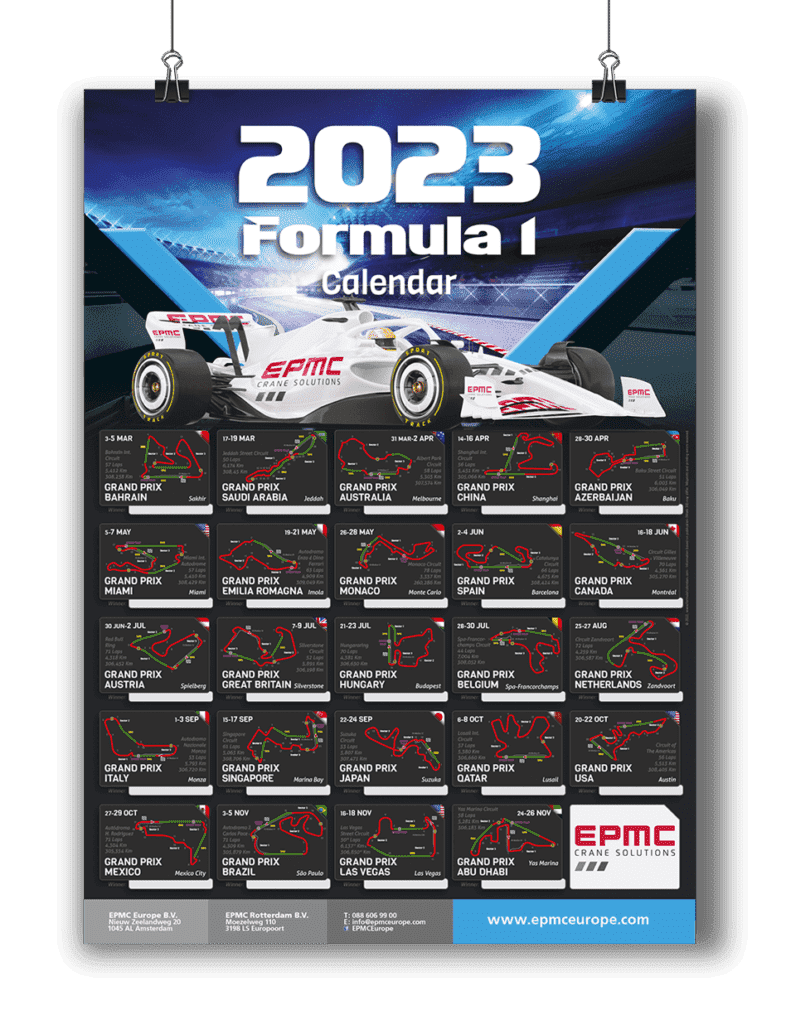 Formel 1 Kalender Plakat F1 Spielplan mit Startzeiten und