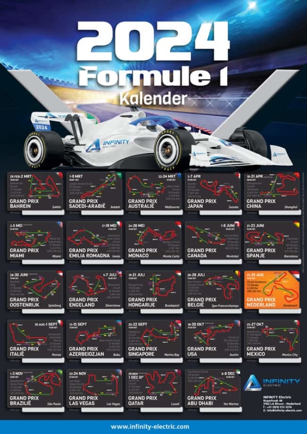 Formule 1 kalender Poster F1 kalender met starttijden, circuitinfo